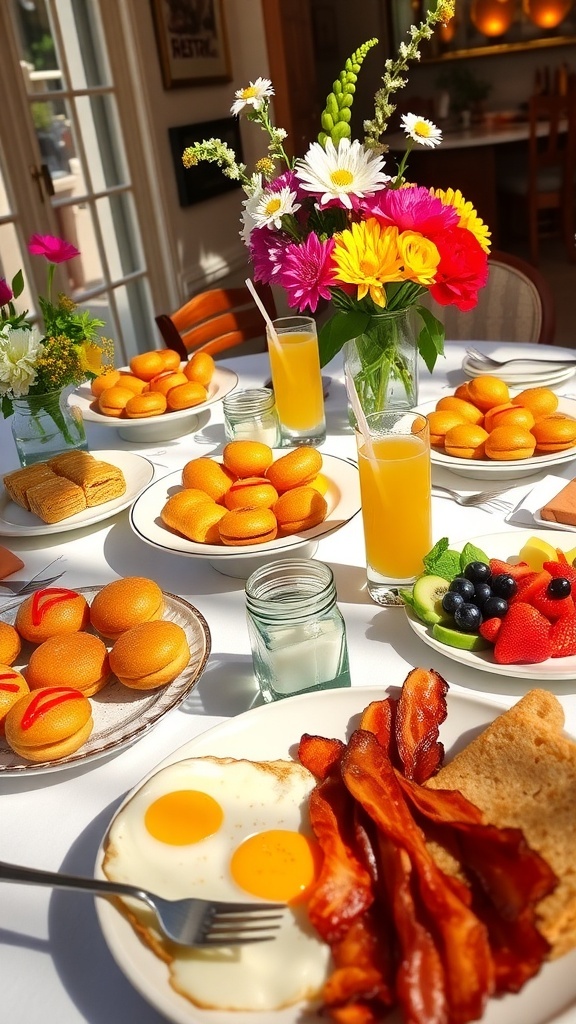 A beautifully arranged brunch table with pastries, eggs, bacon, and fruit for a large gathering.